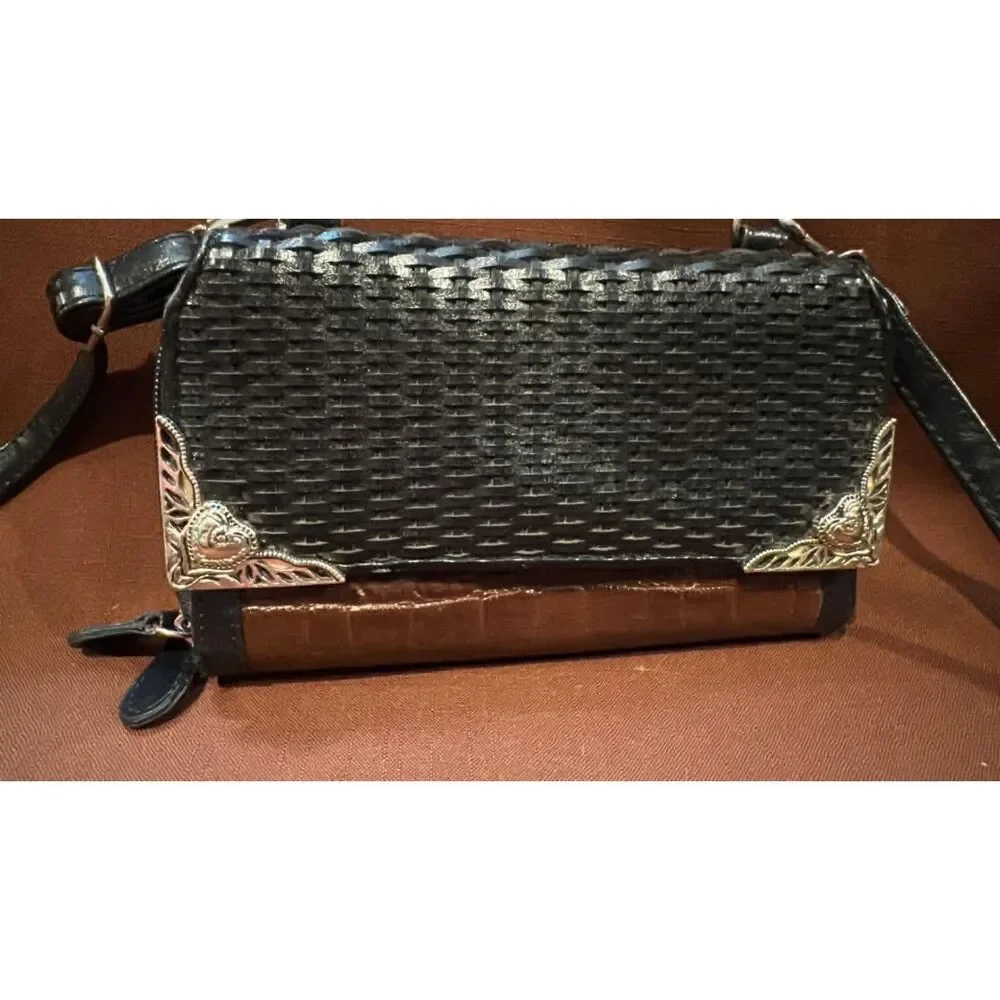 Fashion Crossbody Double Zippered Black & Brown Wallet Carry All Handbag